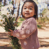 Child holding a bouquet of flowers outdoors