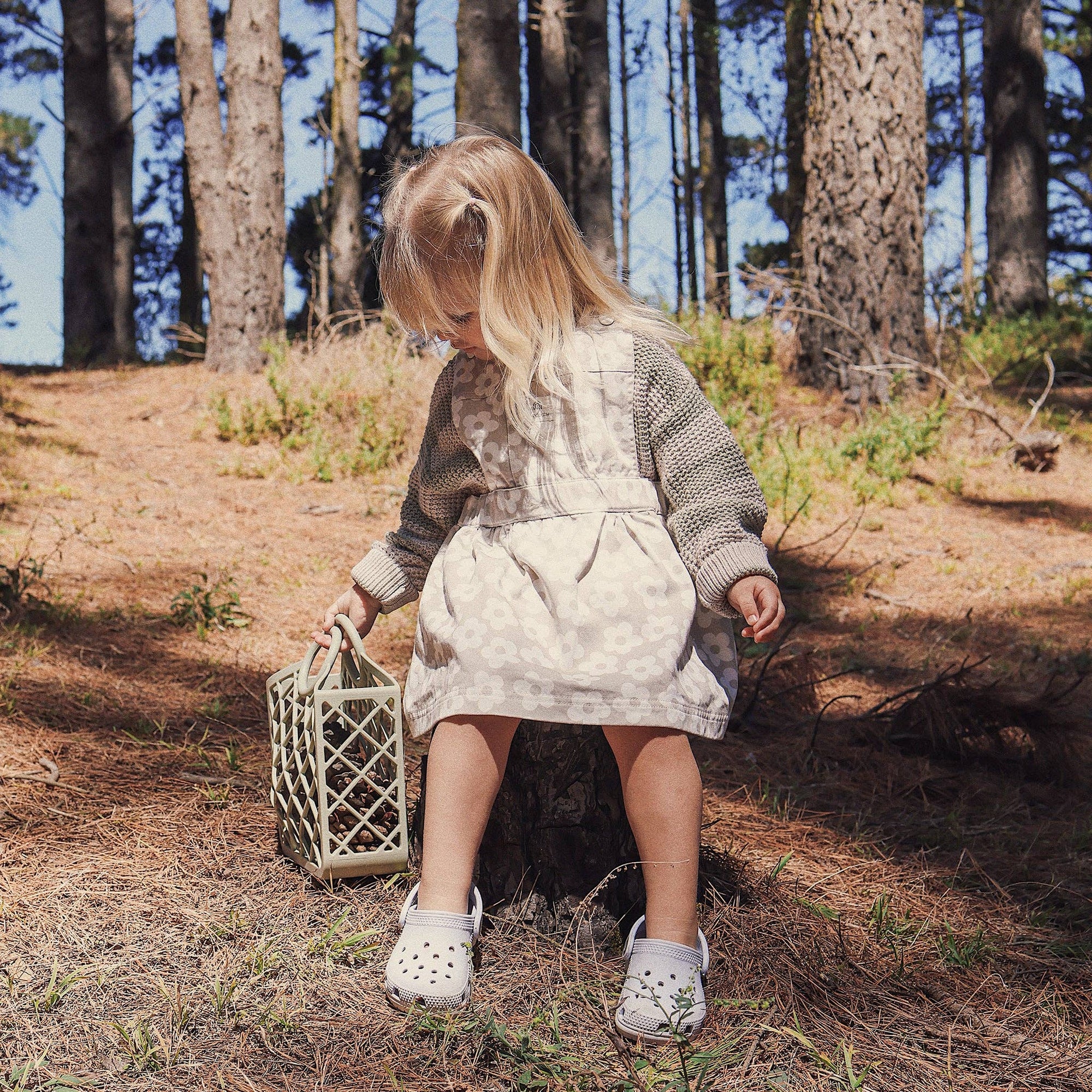 Child in a forest holding a small wooden basket