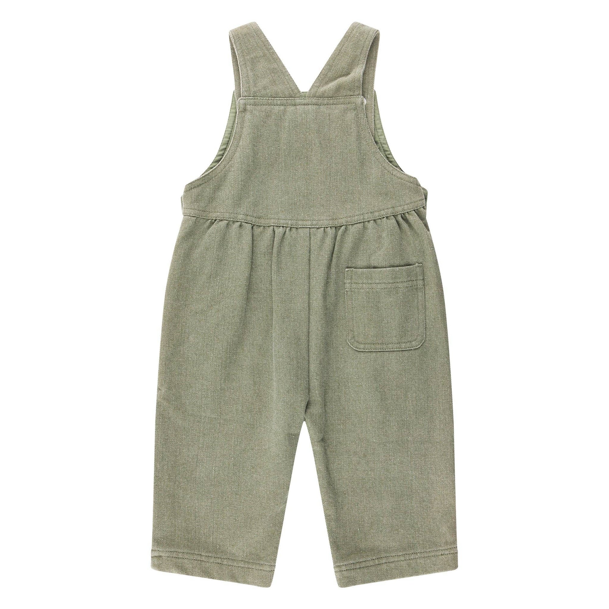 Green corduroy overalls on a white background