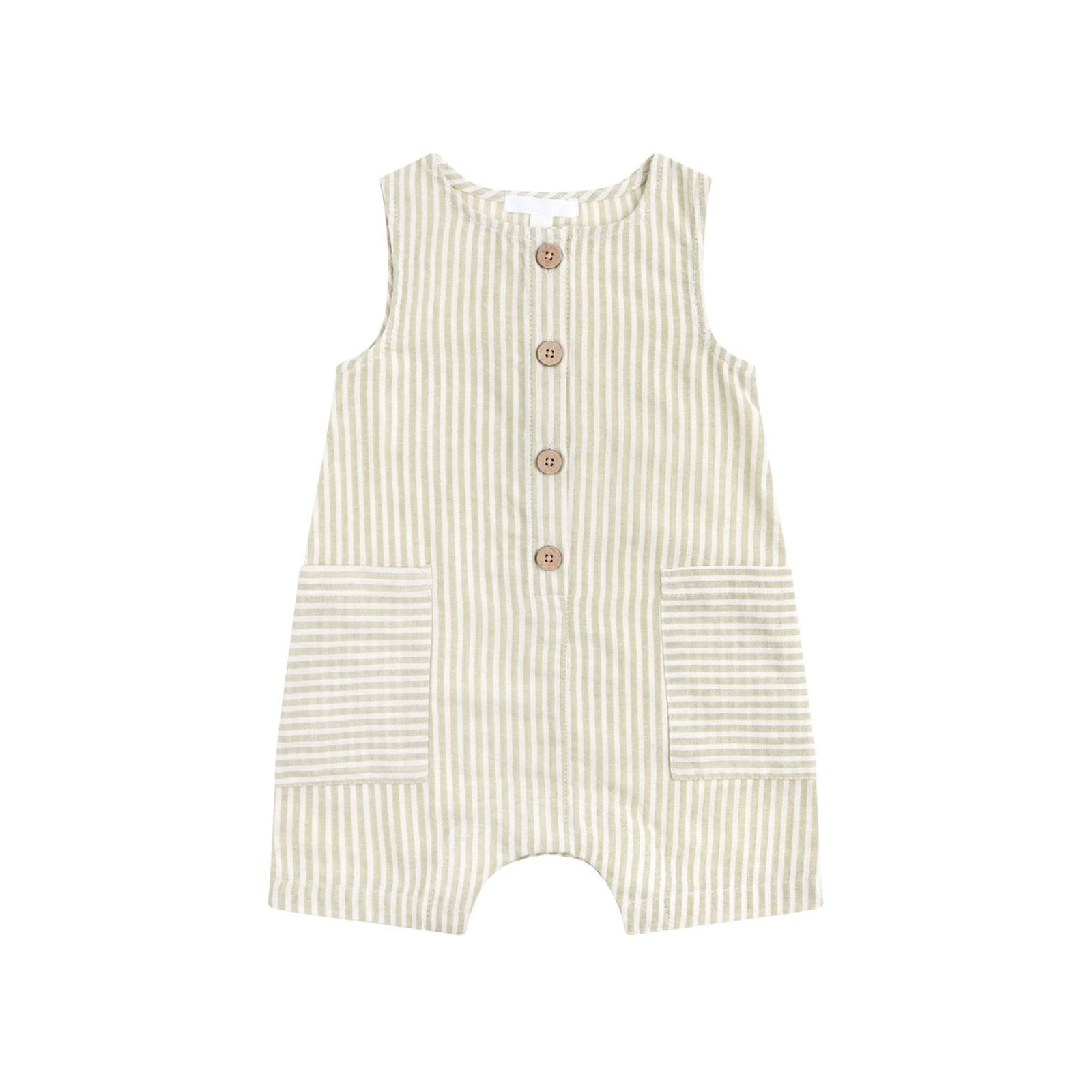 Striped baby romper with button details on a white background
