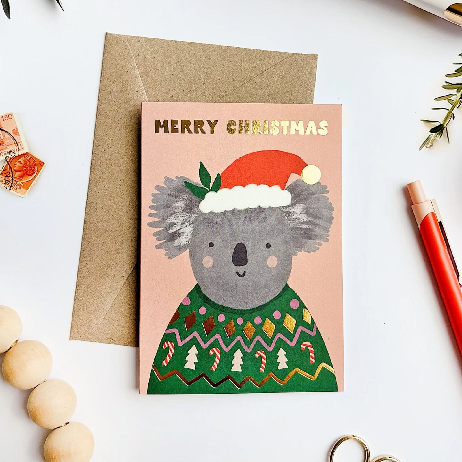 Christmas Koala Gold Foil Greeting Card