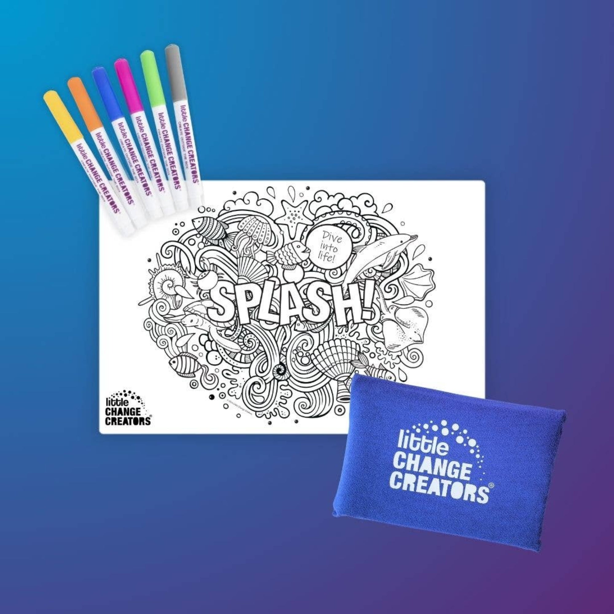 Coloring book with &#39;Splash!&#39; design, markers, and a pouch on a blue gradient background.