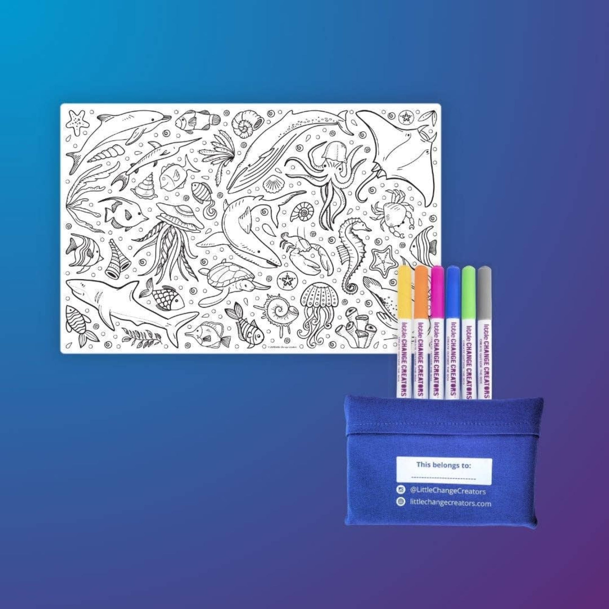 Coloring book with ocean-themed illustrations, markers, and a pouch on a blue gradient background