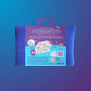 Blue fabric with a colorful label on a blue gradient background