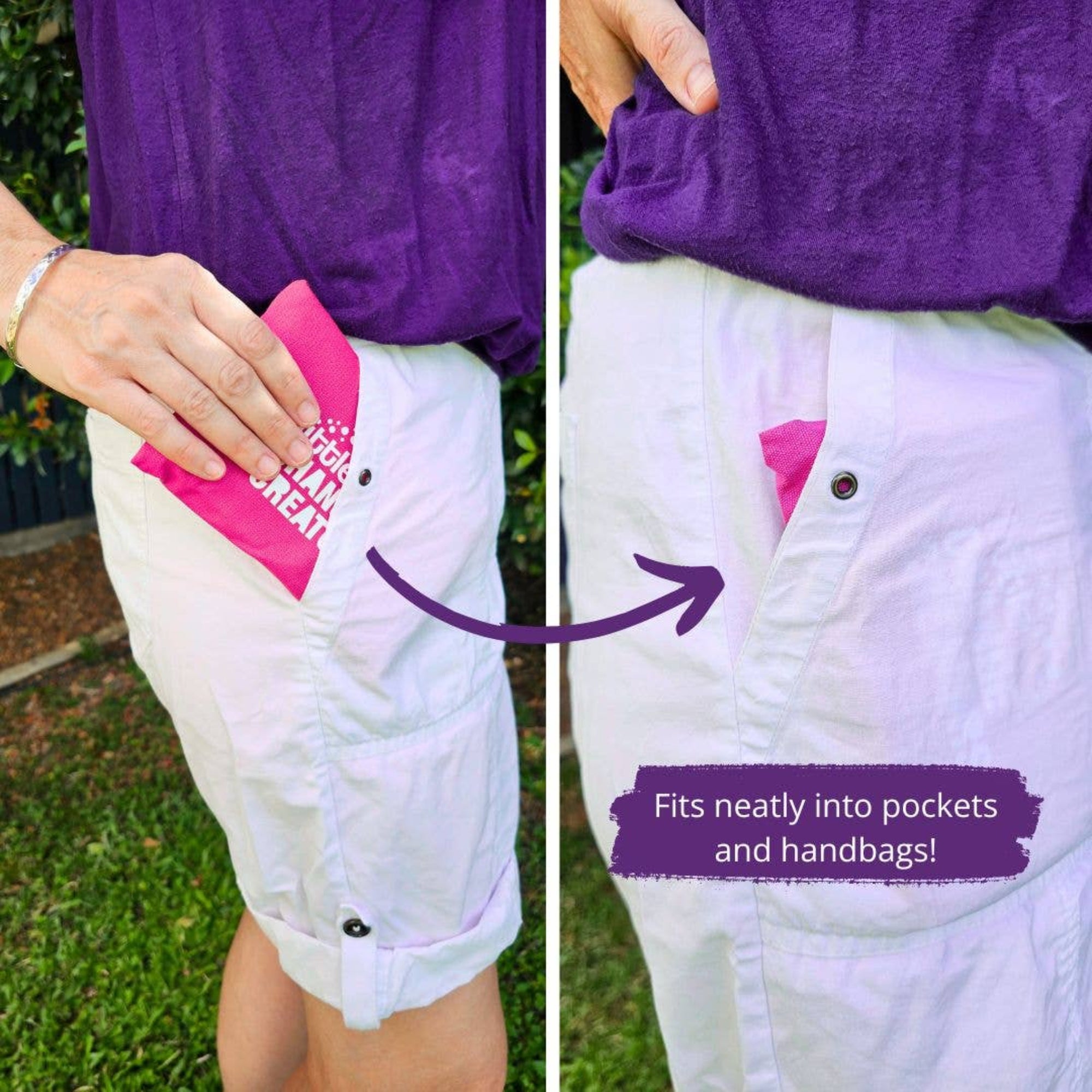 Person wearing a purple shirt and white shorts with a pink item in a pocket, labeled &#39;Fits neatly into pockets and handbags&#39;.