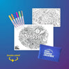 Coloring book with &#39;Splash!&#39; design, markers, and a towel on a blue gradient background.