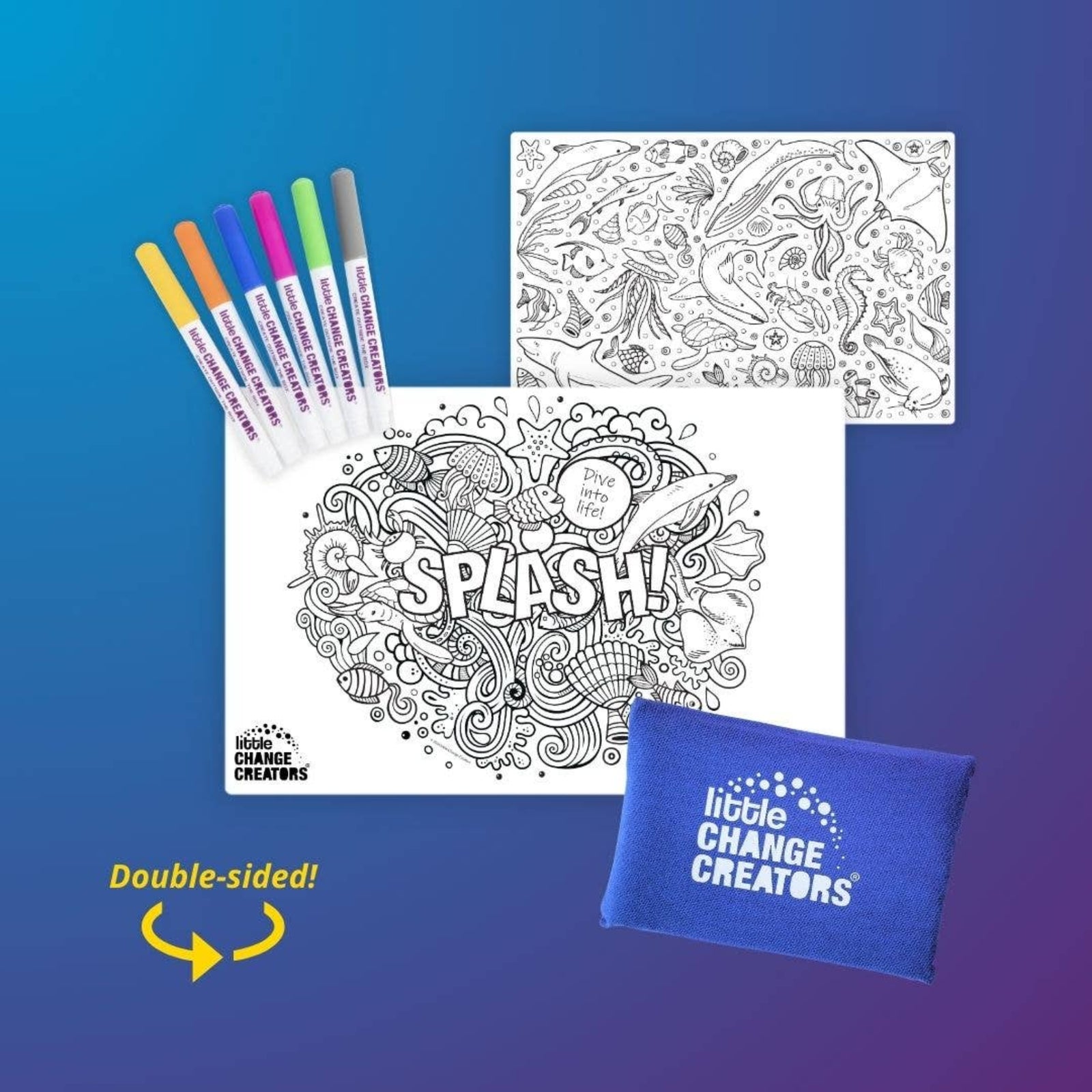 Coloring book with 'Splash!' design, markers, and a towel on a blue gradient background.