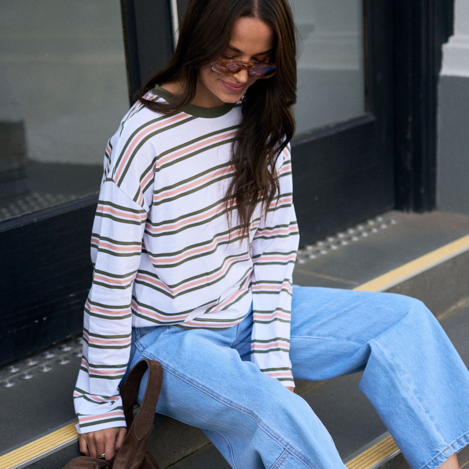 Scout Slouchy Long Sleeve Tee Washed Olive Stripe