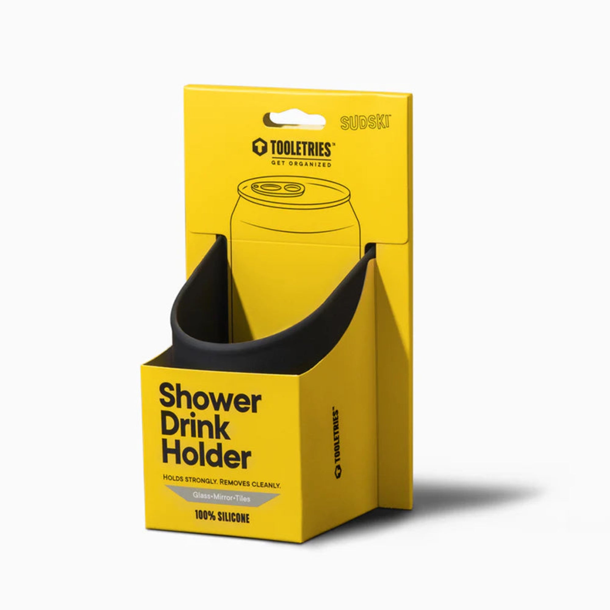 Yellow packaging of a shower drink holder with black holder on a white background