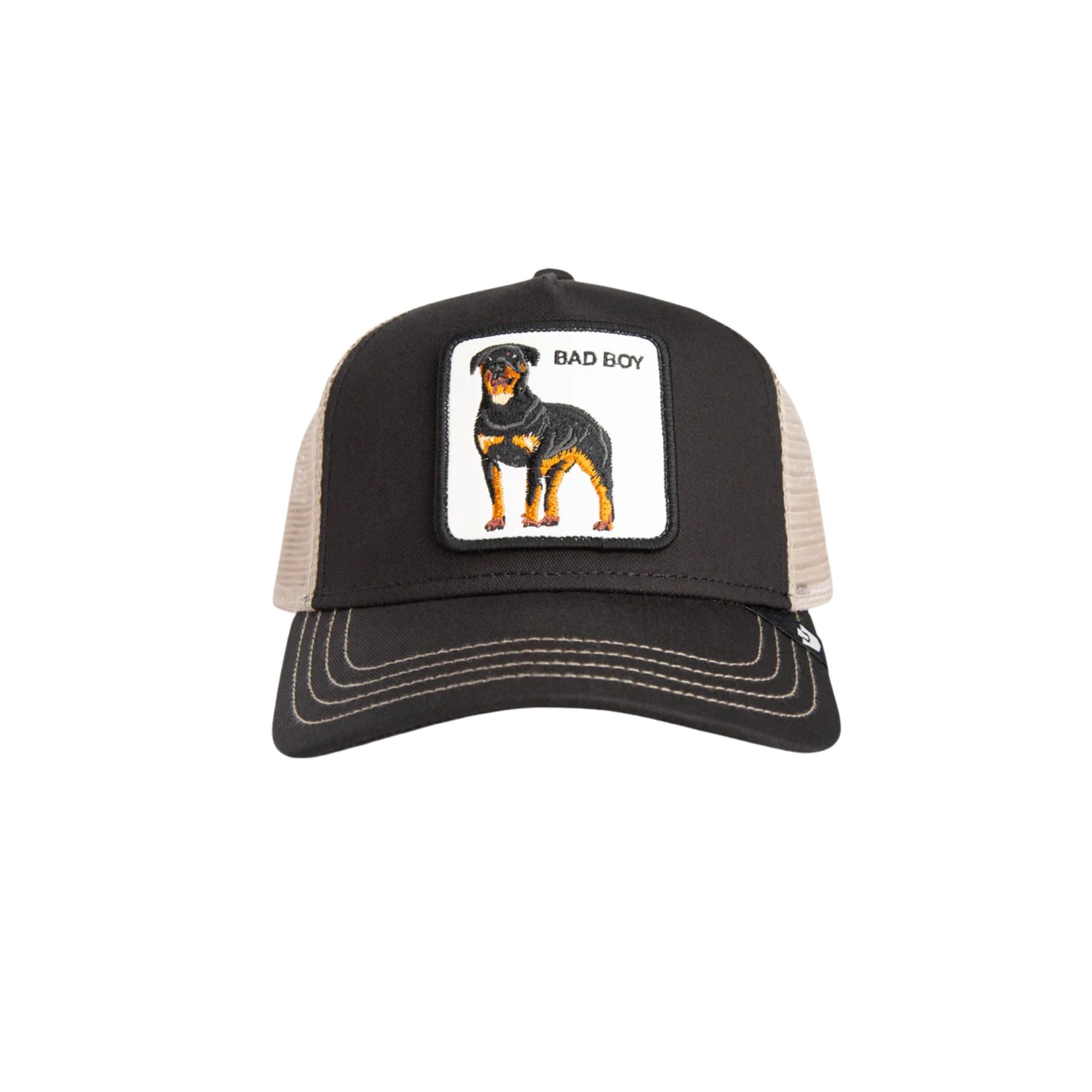 Black and beige cap with a dog graphic and &#39;Bad Boy&#39; text on a white background