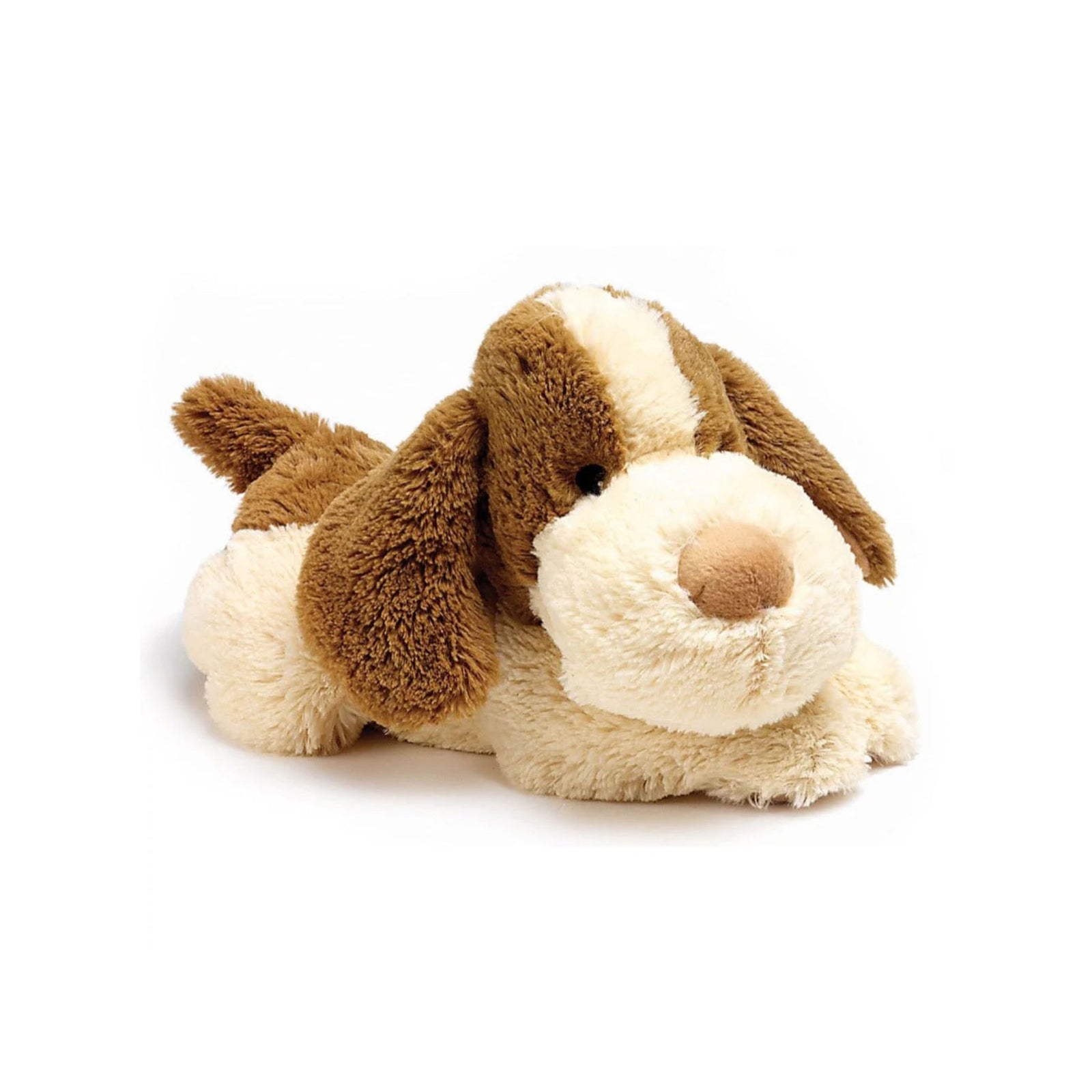 Plush dog toy with brown and beige colors on a white background