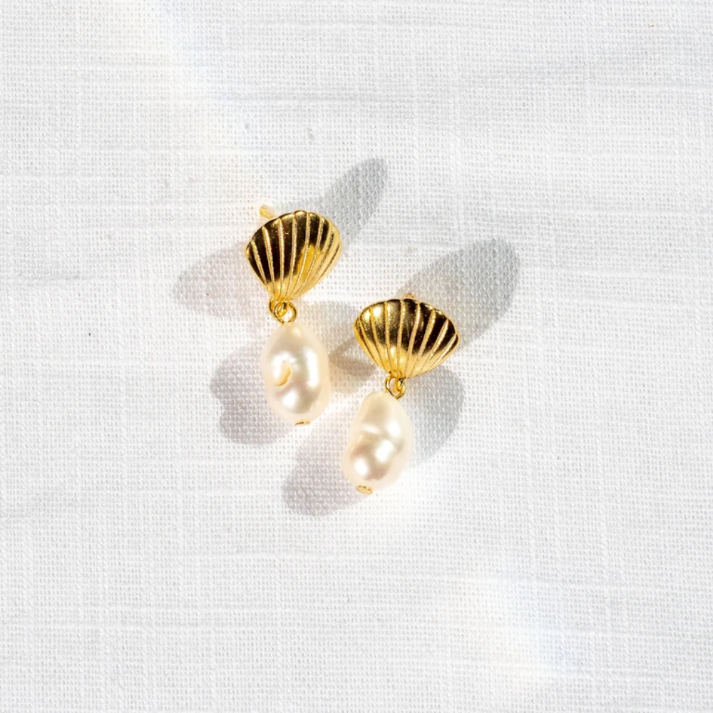 18k Gold Plated Shell and Pearl Earrings