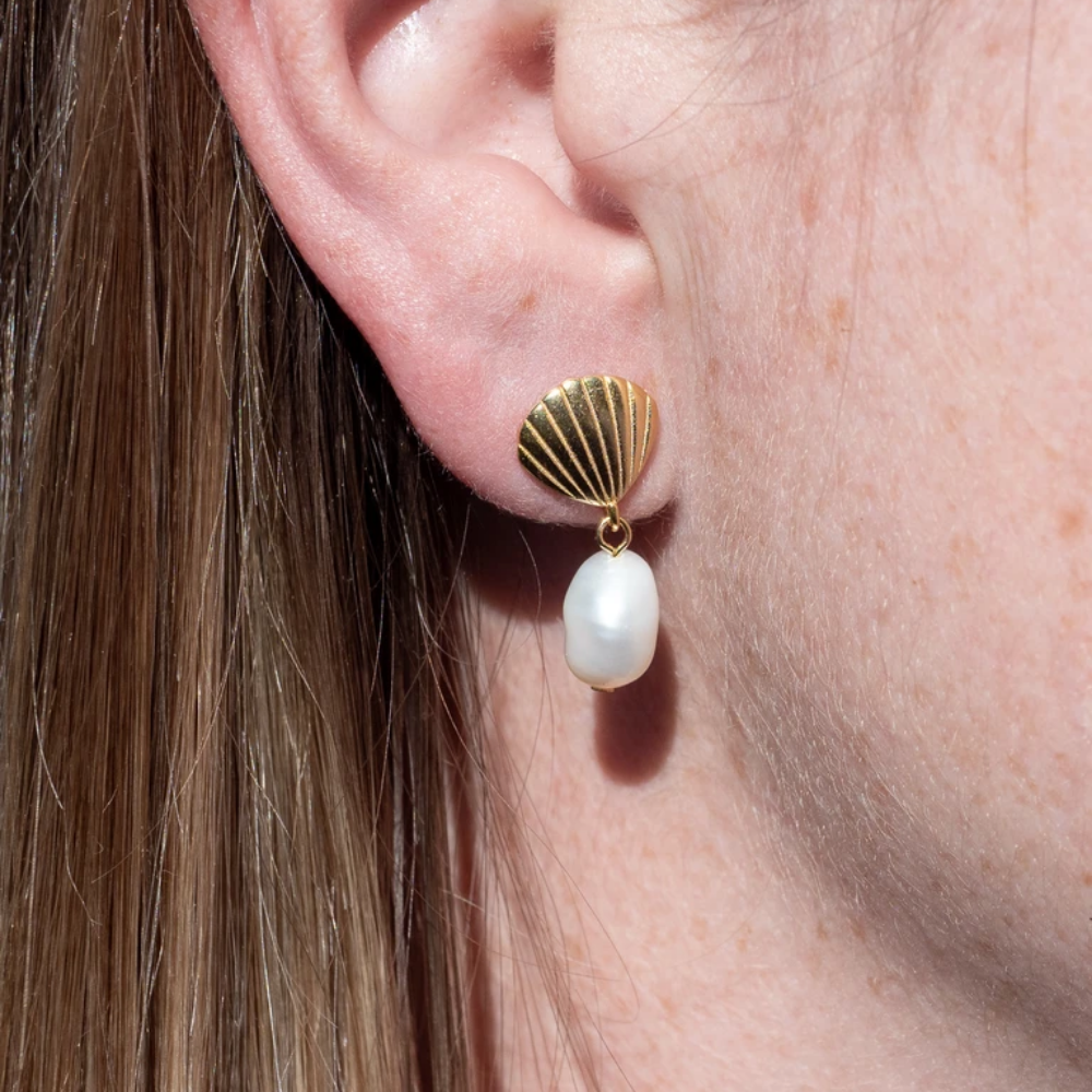 18k Gold Plated Shell and Pearl Earrings