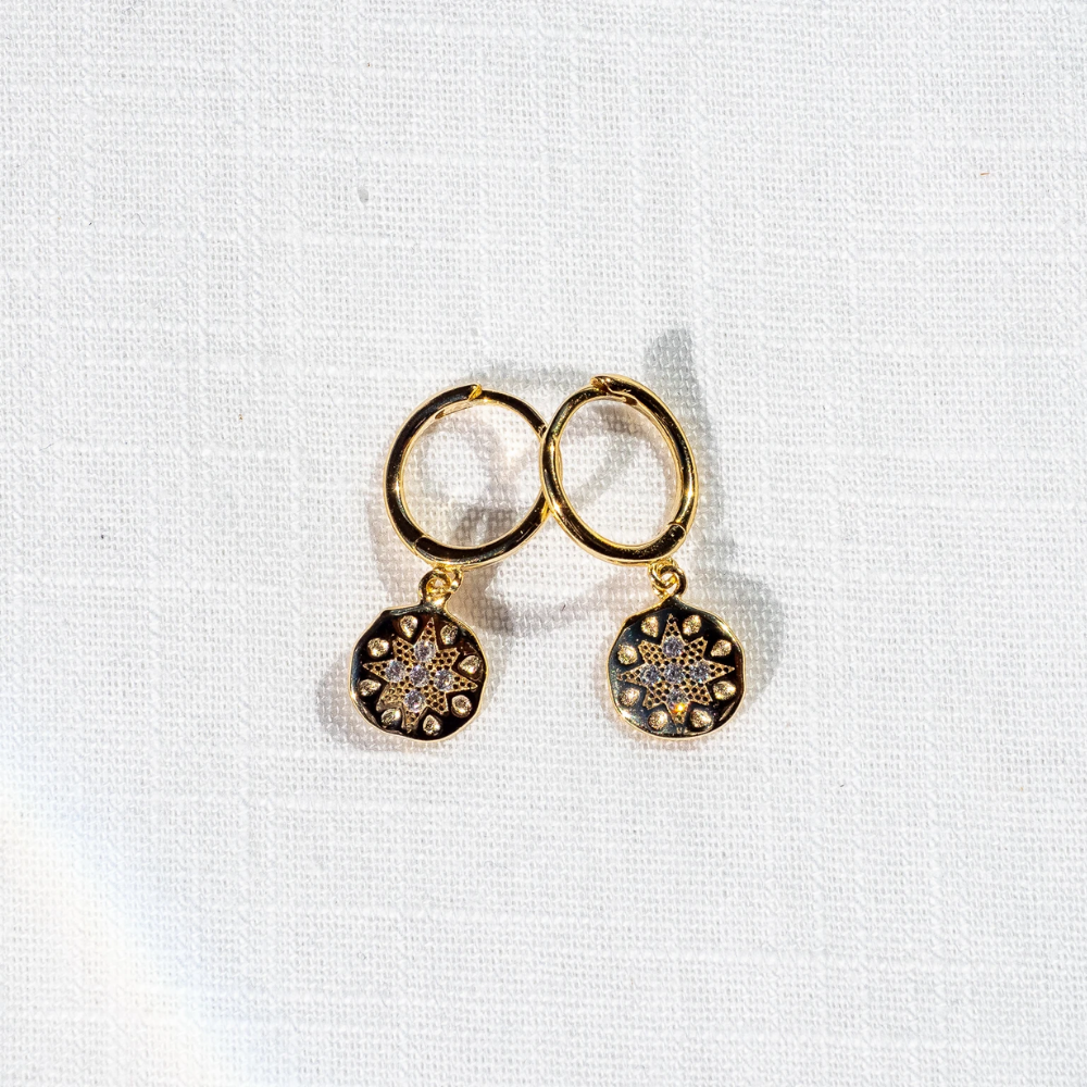 18k Gold Plated Huggie Earrings with Dangling Starburst