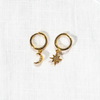 18k Gold Plated Huggie Earrings with Dangling Sun and Moon